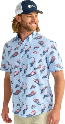 Vista 33 de HUK Camisa Kc Scott estampada Kona, camisa de rendimiento con botones de manga larga para hombre Fish Chaos - Blanco