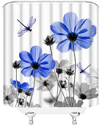 Vista 3 de Cortina de ducha floral azul y gris, planta rústica, retro, margarita, abstracta, elegante, natrue de tela con ganchos
