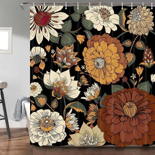 Vista 25 de Torich Cortina de ducha bohemia floral para baño, abstracta de mediados de siglo, decoración bohemia, cortinas de baño, flores botánicas, hojas