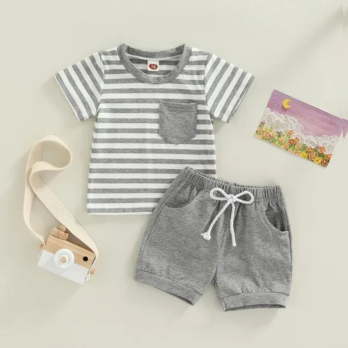 Vista 16 de Conjunto de ropa casual de manga corta con botones y pantalones cortos de lino para bebés y niños pequeños