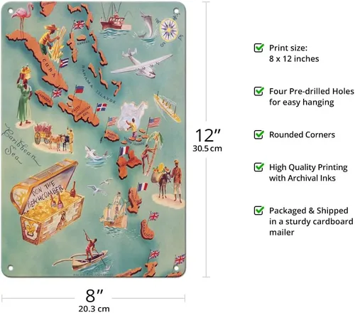 Vista 2 de Pacifica Island Art Mapa de las Islas del Caribe - Don the Beachcomber Tiki Bar and Restaurant - Vintage Pictorial Map c.1940s - Cartel de metal