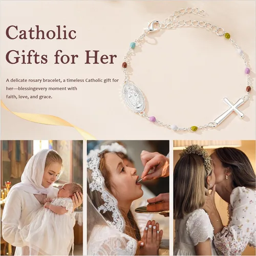 Vista 6 de Pulsera de cruz católica de la Virgen María para niñas y mujeres, pulsera de cuentas de rosario, primera comunión, confirmación, bautismo, madrina