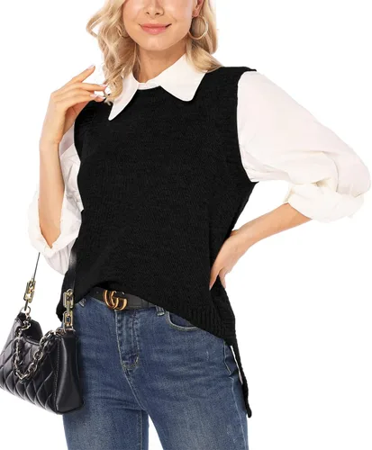 Vista 8 de PEIQI Suéter de punto para mujer, sin mangas, liso, casual, básico