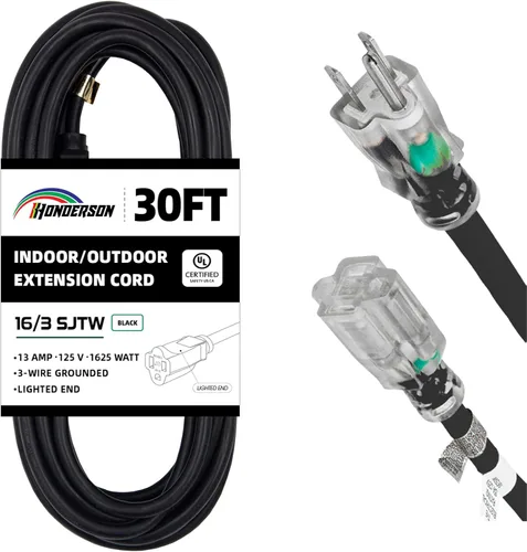 Vista 18 de Cable de Extensión HONDERSON con Extremo Iluminado, Certificado UL, Calibre 10, 1 Pie, Negro, 3 Puntas, Resistente, 10/3 SJTW, 15A, Cable de Energía