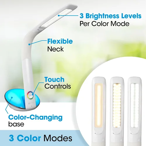 Vista 2 de OttLite - Lámpara LED de escritorio con base que cambia de color y puerto USB, color blanco LED de luz natural Base que cambia de color 3