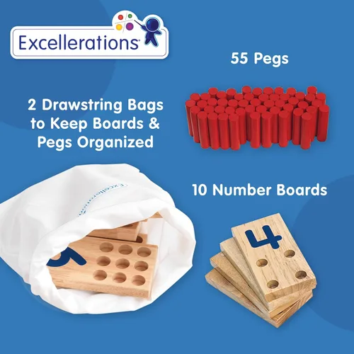 Vista 4 de Excellerations Tablero de números de clavija, incluye: 10 tablas de madera de goma + 55 clavijas de madera + bolsa de almacenamiento