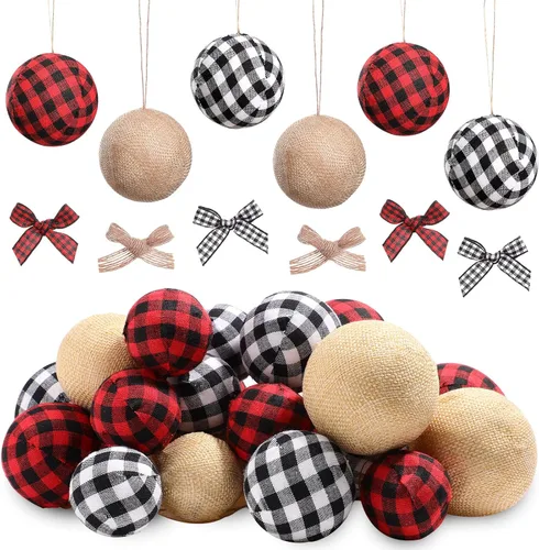 Vista 8 de Sratte 48 adornos de Navidad de granja, 24 bolas de tela a cuadros con 24 piezas de lazo, bonitas bolas de Navidad rústicas de arpillera
