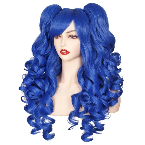 Vista 21 de ColorGround Peluca larga y rizada para cosplay con 2 colas de caballo (azul celeste)