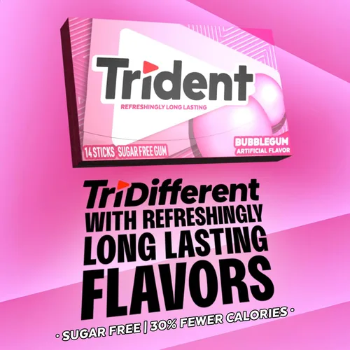 Vista 5 de 12 paquetes de 14 unidades cada uno; es decir, en total son 168 unidades de goma de mascar Trident Bubblegum sin azúcar sabor chicle. Accesorios