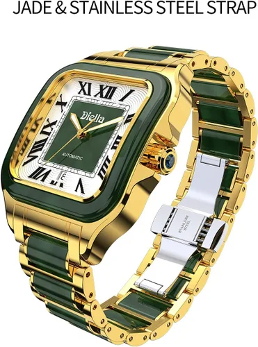 Vista 8 de Diella Reloj de pulsera rectangular para hombre, relojes automáticos de cuerda automática para hombre con jade y reloj de acero inoxidable, reloj