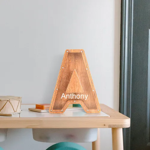 Vista 3 de Alcancías con nombre personalizado para niños, alcancía de letras personalizadas, banco de dinero del alfabeto de madera, regalos para niños