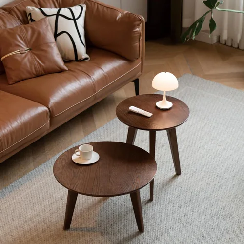Vista 12 de Juego de mesa de café 100% de madera de roble macizo, mesa de café redonda combinada mesa auxiliar con patas de madera maciza, mesa de mediados