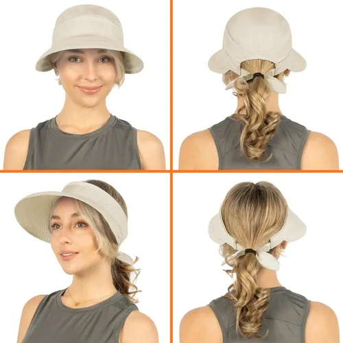 Vista 32 de SUN CUBE Sombrero de sol para mujer para protección UV al aire libre, sombrero de sol de ala ancha, cola de caballo, sombrero de playa convertible
