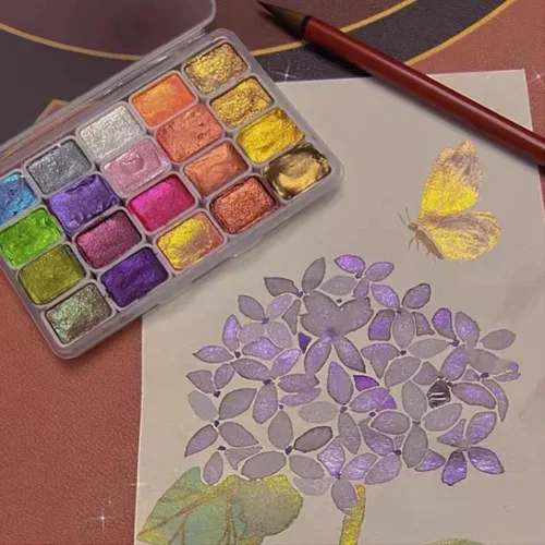 Vista 2 de Juego de pintura de acuarela de 20 colores, juego de pintura de acuarela metálica, caja de pintura sólida de acuarela con purpurina, paleta