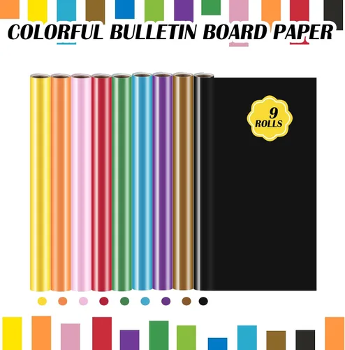 Vista 3 de PerKoop Paquete de 9 rollos de papel para tablón de anuncios arcoíris de 4 x 12 pies, resistente a la decoloración, colorido, para aula, proyectos
