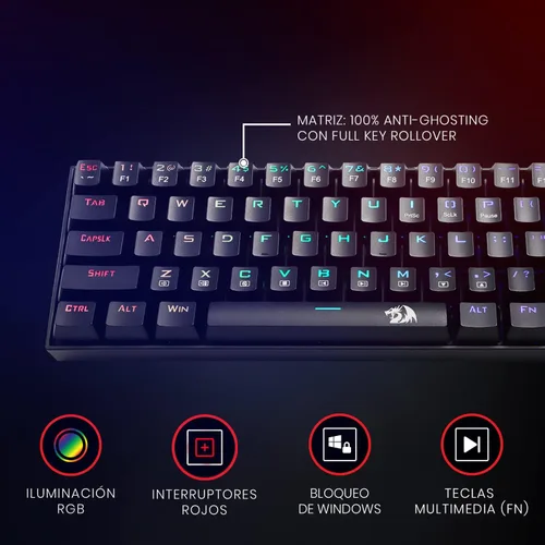 Vista 7 de Redragon Teclado mecánico para juegos K599 con cable e inalámbrico 60% compacto Tenkeyless RGB retroiluminado para jugadores de PC con Windows