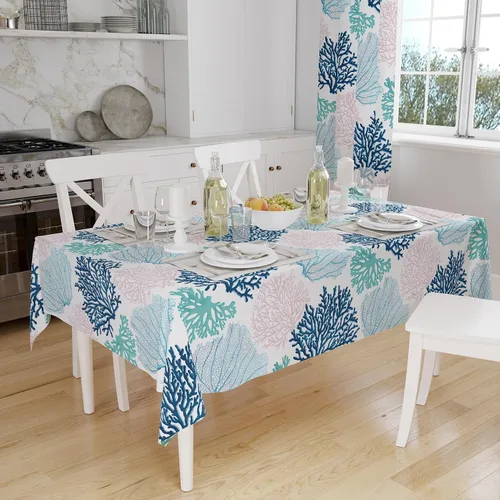 Vista 3 de Mantel rectangular náutico costero con estampado de coral, diseño de playa, decorativo impermeable para comedor al aire libre, cocina, sala