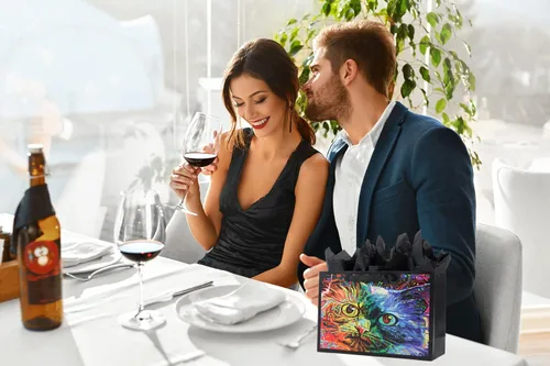 Vista 5 de ysmile Bolsa de regalo negra con bolsa de papel boutique con asa de gran tamaño para mujeres y hombres de 15.7 pulgadas - gato