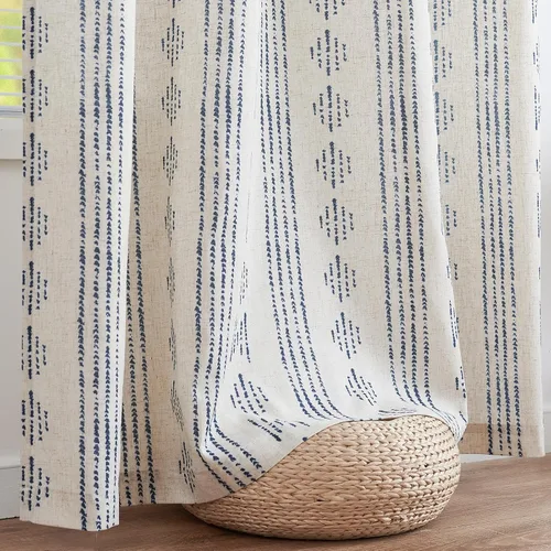 Vista 9 de Vangao - Cortinas boho azul con rayas, cortinas de granja geométricas de mudcloth de lino de 63 pulgadas de largo para sala de estar, tratamientos