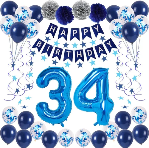 Vista 23 de Decoraciones de fiesta de cumpleaños azul número 29 para hombres y mujeres, suministros de globos de feliz cumpleaños 29 con pancarta de feliz