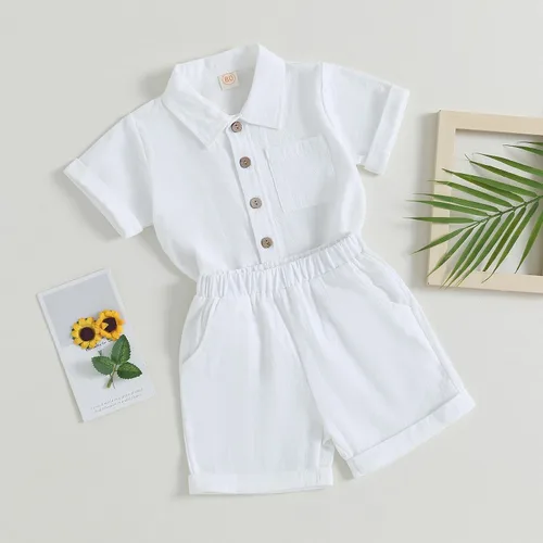 Vista 3 de AEEMCEM Conjunto de 2 piezas de camisa y pantalones cortos de algodón de lino de algodón de color liso para niños pequeños