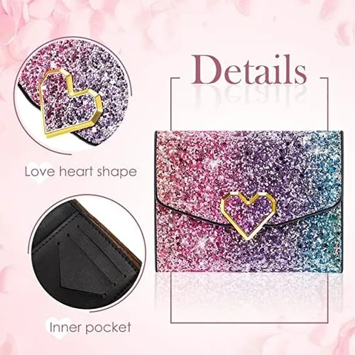 Vista 2 de Monedero pequeño con purpurina multicolor para niñas, con botón de corazón, tarjeta, monedero para niñas, Multi