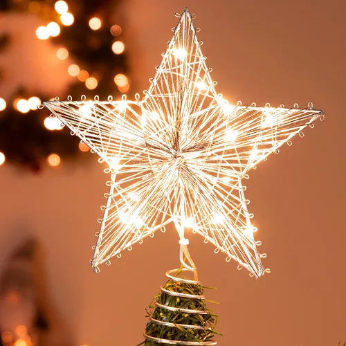 Vista 7 de Joiedomi Decoración para árbol de Navidad de 8 pulgadas, decoración de estrella de metal dorado con adornos alimentados por batería con luces LED