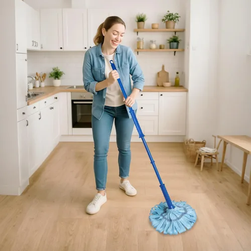 Vista 7 de Superio Trapeador de algodón para suelos de madera dura, autoescurridor, uso comercial/industrial de alta resistencia con mango de aluminio, azul