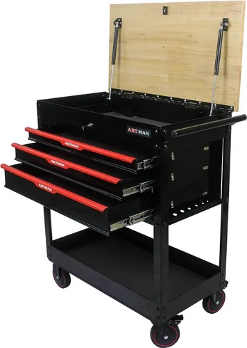 Vista 13 de Caja de herramientas con ruedas de 4 cajones, carrito de almacenamiento de herramientas con parte superior de madera, caja de herramientas