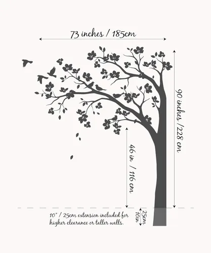 Vista 2 de Adhesivo decorativo para pared de árbol de esquina grande con flores grandes, pájaros y hojas para cuarto de bebé, mural 087