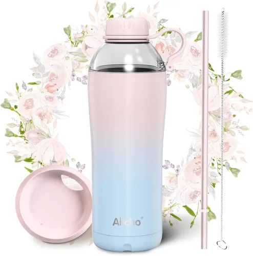 Vista 16 de Bow - Botella de agua aislada para mujeres, botellas de agua de acero inoxidable de 18 oz, de doble pared, 2 tapas (para beber y vaso) - Hidrata