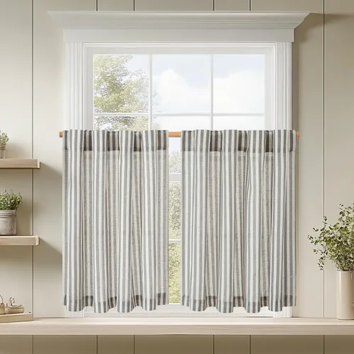 Vista 53 de Jinchan - Cortinas de lino a rayas para cocina, 24 pulgadas, beige, 2