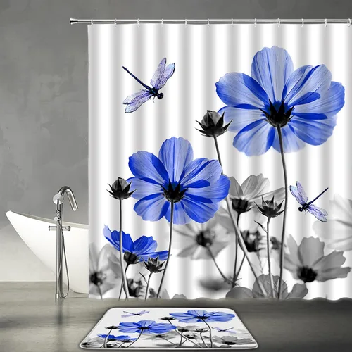 Vista 14 de Cortina de ducha floral azul y gris, planta rústica, retro, margarita, abstracta, elegante, natrue de tela con ganchos
