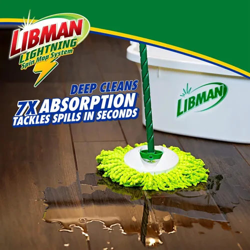 Vista 2 de Libman Lightning Spin Mop System Plus 1 cabezal de repuesto Trapeador y balde con juego de escurridor Trapeador de piso Trapeador giratorio
