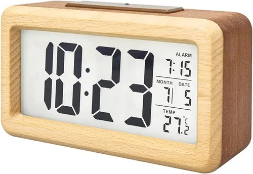 Vista 6 de Everwood - Relojes de alarma digitales grandes de madera para dormitorios con pantalla LCD de números grandes, función de repetición, funciona