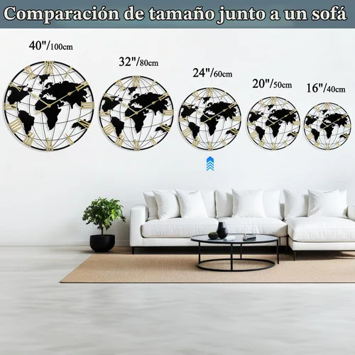 Vista 3 de LEIKE Reloj de pared grande de 24 pulgadas, reloj de pared de estilo moderno con mapa del mundo, reloj grande para decoración de pared, sala