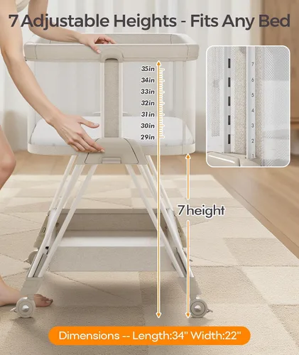 Vista 5 de Fodoss Moisés para bebé con ruedas, bandeja de almacenamiento, malla de 4 lados, 7 alturas ajustables, color beige