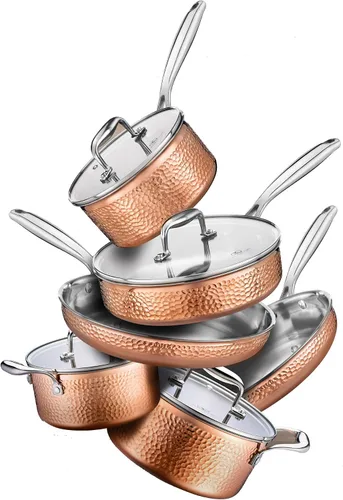 Vista 7 de Bergner BGIC-3661 Infinity Chefs De Lux - Sartén de cobre de tres capas con tapa de vidrio, acero inoxidable, acabado de martillo de cobre (9.4 in)