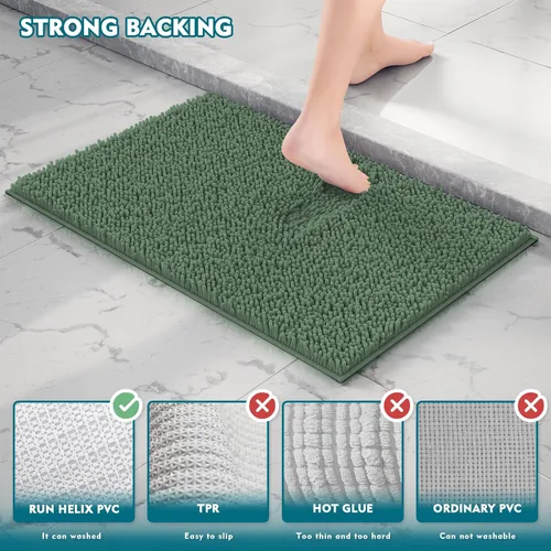 Vista 4 de Juego de 3 tapetes de baño de felpilla, antideslizantes, ultra suaves, absorbentes con forma de U para inodoro, baño, bañera, ducha, color verde