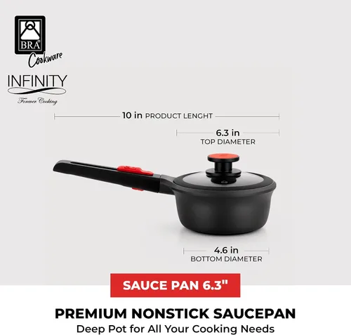Vista 2 de BRA COOKWARE Infinity - Cacerola antiadherente con tapa de vidrio, olla de 6.3 pulgadas y 1.2 cuartos de galón de profundidad, olla de sopa sin