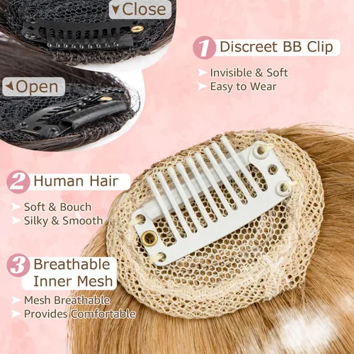 Vista 6 de Flequillo con clip, extensiones de cabello humano 100 % real, flequillo con clip para mujer, extensiones curvadas para uso diario