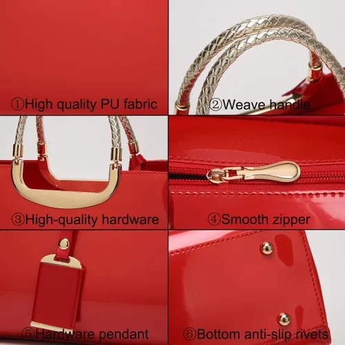 Vista 6 de XingChen Bolso brillante de las mujeres del bolso del bolso de la manija superior del cuero de la patente del bolso estructurado del bolso del bolso