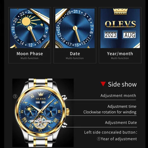 Vista 4 de OLEVS Relojes automáticos para hombre, movimiento mecánico, esfera de esqueleto, relojes Tourbillon de cuerda automática, de lujo, impermeables