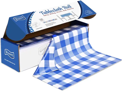 Vista 12 de Mantel desechable de plástico para mesas: 54 pulgadas x 120 pies, cubierta de mesa de plástico con cortador fácil de deslizar, manteles de plástico