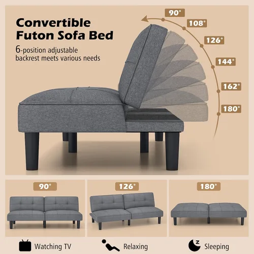 Vista 11 de KOMFOTT Sofá cama tipo futón convertible, sofá cama plegable tapizado de lino con respaldo ajustable de 6 posiciones, cojín grueso, sofá reclinable