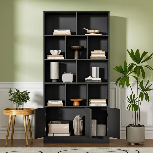 Vista 7 de Housoul Estantería de 71 pulgadas de alto con 10 cubos y 3 puertas, estantería de 4 niveles, estantería abierta con gabinete, organizador de Negro