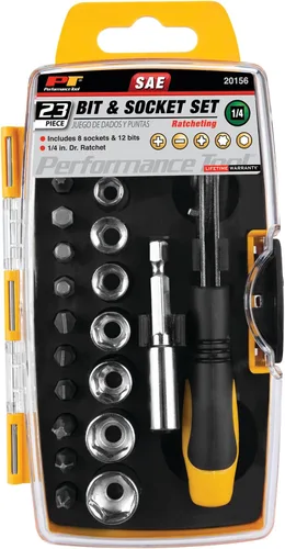 Vista 3 de Performance Tool 20156 Juego de brocas de trinquete de 23 piezas y zócalo con caja de almacenamiento de visión clara Compact stubby hand tools for