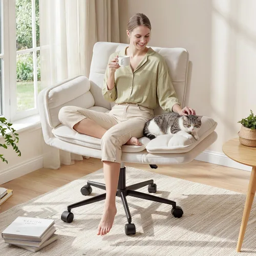 Vista 11 de DurayLoly Silla Criss Cross con ruedas, silla de escritorio rosa con reposabrazos ajustables, silla de tocador con respaldo para dormitorio, sala