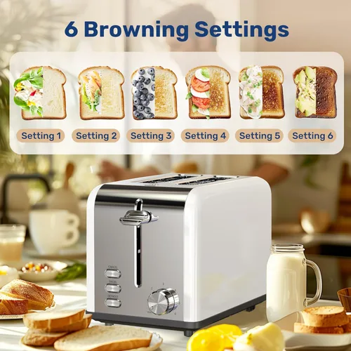 Vista 6 de YSSOA Tostadora de acero inoxidable de 2 rebanadas, 6 ajustes de tostado y 3 funciones, ranura extra ancha y bandeja extraíble para migas, para pan