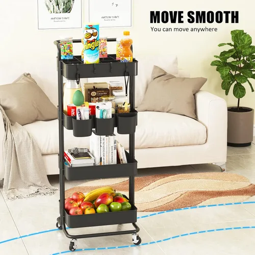 Vista 3 de Devo Carrito con ruedas de 4 niveles, carrito de almacenamiento resistente, con asa, 4 ganchos laterales, 2 tazas de almacenamiento y ruedas